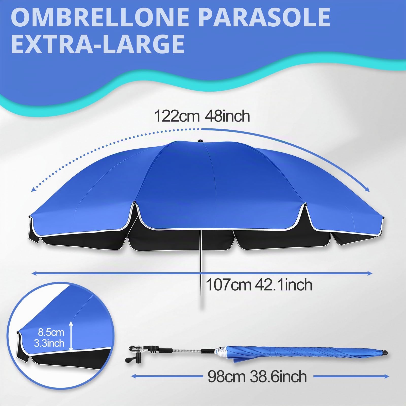 Confezione da 2 Ombrelloni da spiaggia con Morsetto Universale, UPF 50+ 360° Orientabile, Parasole Portatile per sedia da Campeggio, sedia a Rotelle, Sedie da patio, Passeggino