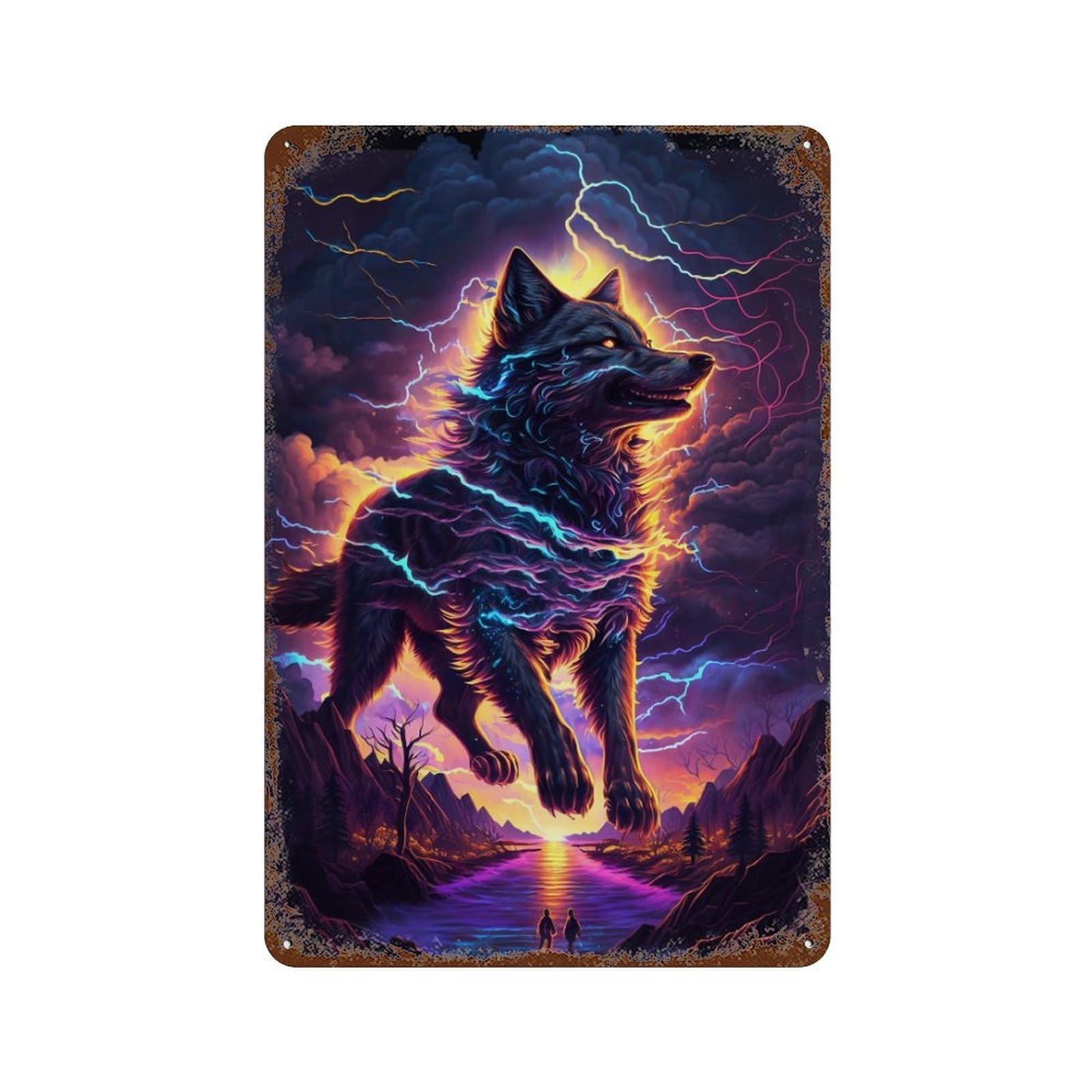 Electric Wolf Fantasy Scene Retro Metal Sign 11.8"x7.9", Novelty Wall Decor for Farmhouse, Kitchen And Entryway Decor