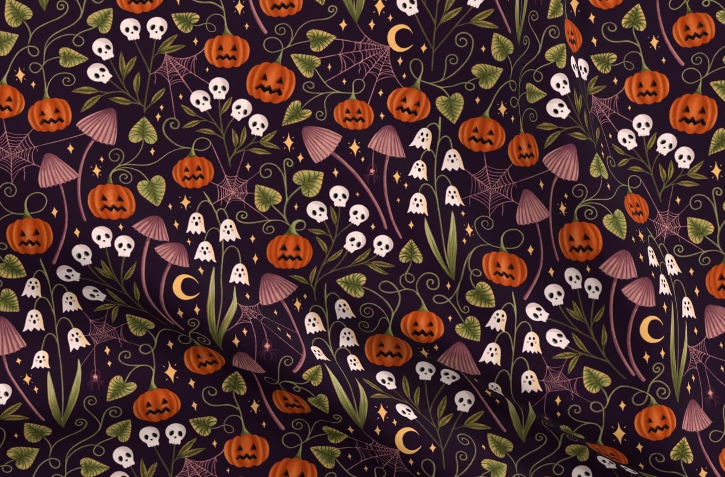 Spoonflower Fabric - Whimsical Halloween Spooky Autumn Pumpkin Ghost Mushroom Spider Forest Printed on Petal Cotton Fabric Fat Quarter - Sewing Quilting Apparel Crafts Decor