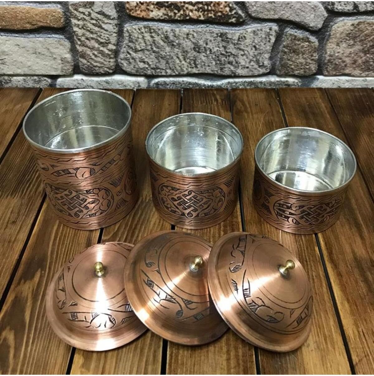 Embroidered Copper Spice Set 3 Piece, Traditional Turkish Design, Decorative Kitchen Storage for Spices, Herbs, and Seasonings - Multicolor, One Size