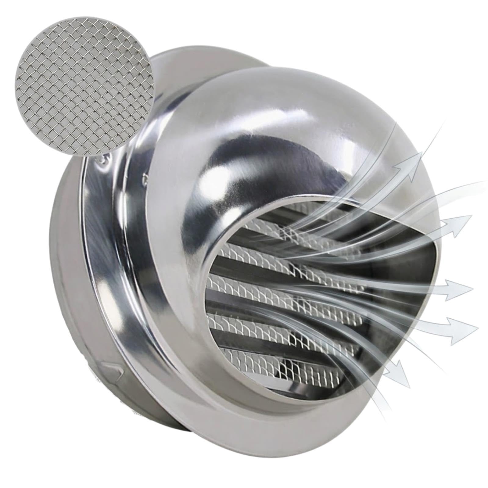 Griglia Aerazione Tonda in Acciaio Inox 304, Antipioggia, Argento 100 mm