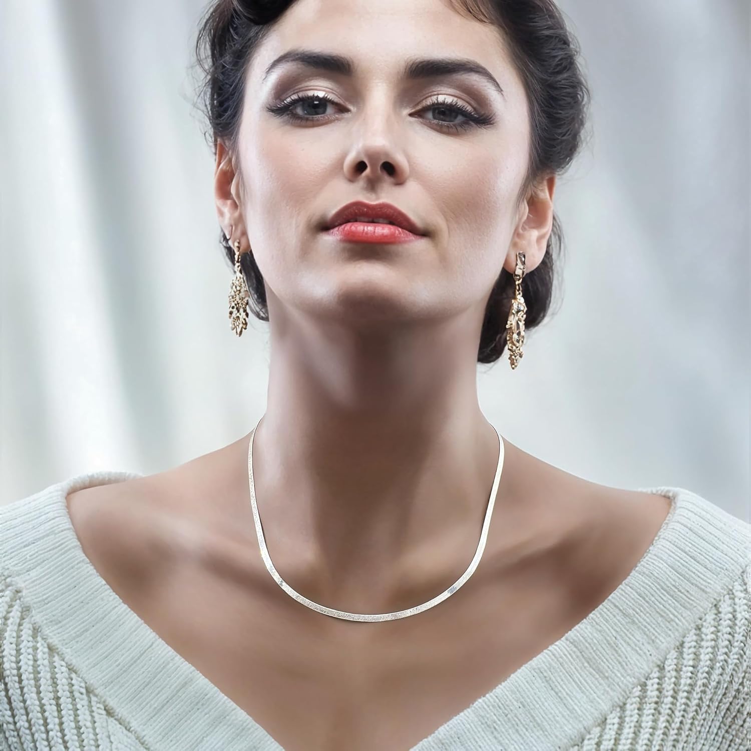 Water-Resistant Herringbone Chain Necklace for Women Men, Real Gold Over Sweatproof, Everyday Wear, 2mm-2.5mm-3mm-4mm-5mm Wide Flat Snake Chain 14k White Gold Coating Stainless Steel - Image 2