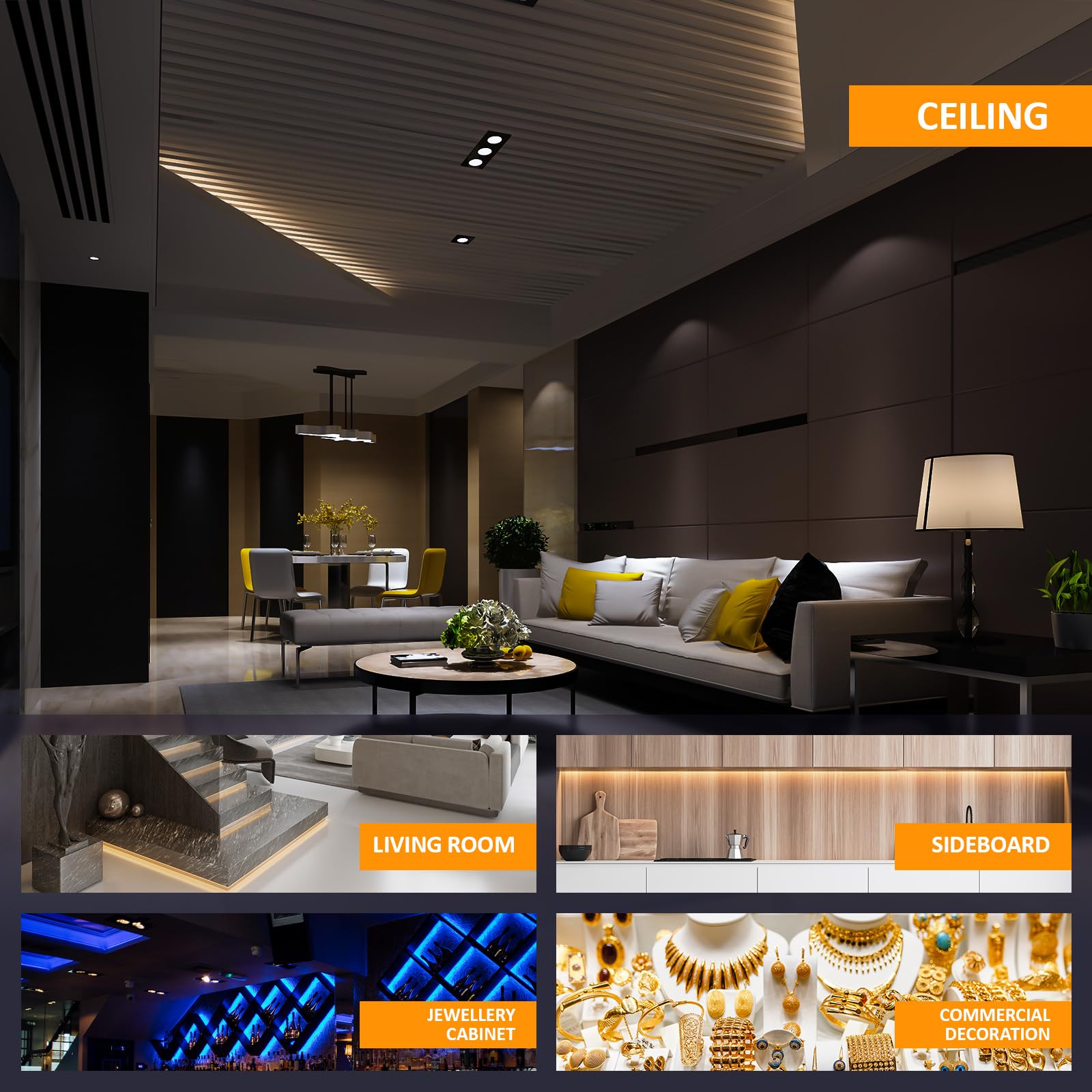 Profilo per strisce LED 2 m, confezione da 6 profili in alluminio a forma di U per strisce LED fino a 44 mm, con tappi terminali e clip di montaggio per strisce LED, L2000 x 63,5 x 35 mm