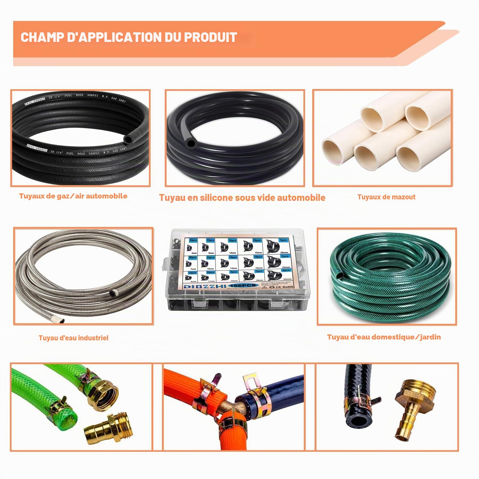 Assortiment de 166 colliers de serrage à ressort avec pince à bec plat 6-25 mm 15 tailles - pour conduites de carburant, tuyau d'aspiration en silicone, petite pince en acier avec revêtement Dacromet