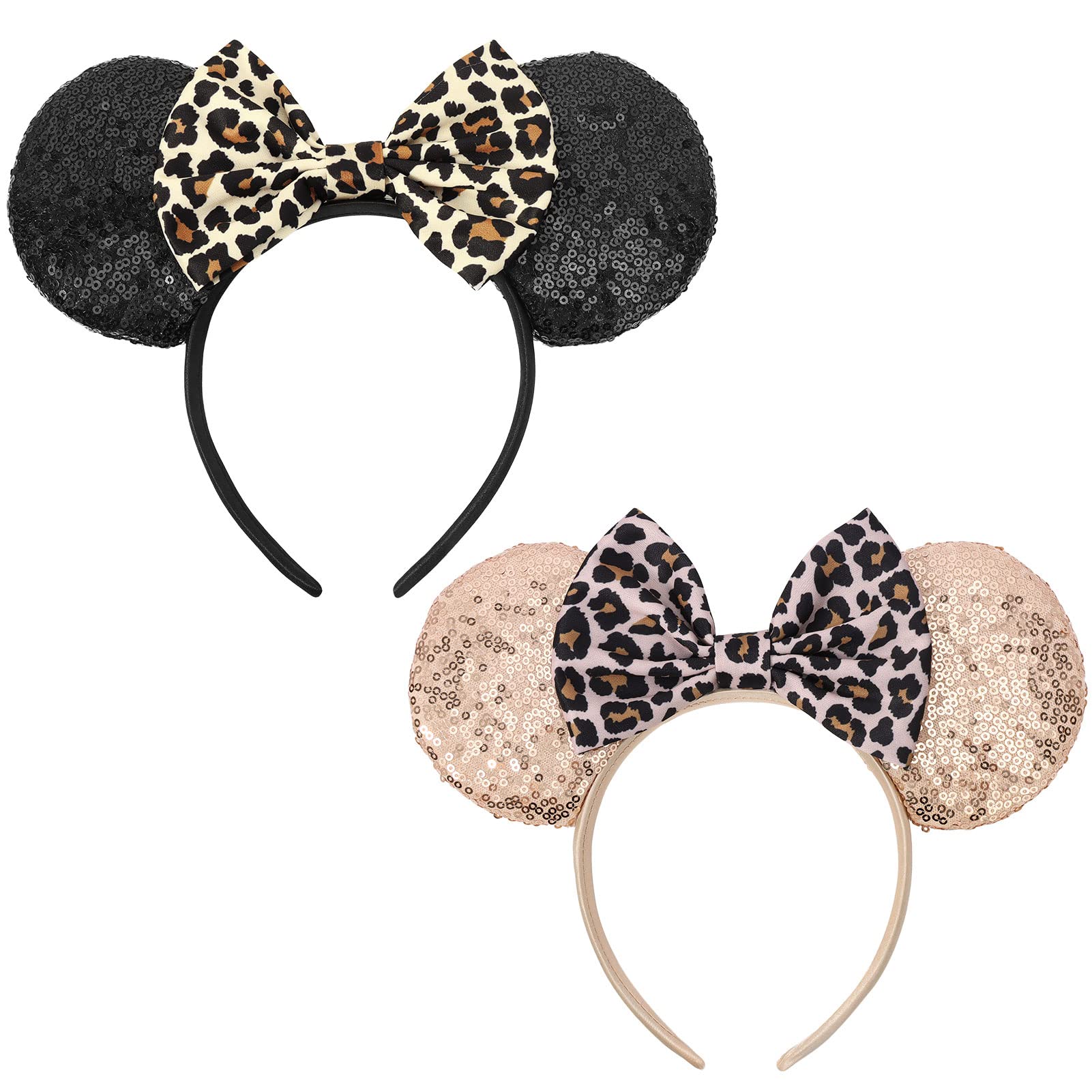 Leopard Mouse Ears Headbands, 2 PCS Cheetah Print Headbands for Women Girls Boys, Sequin Animal Ears Bow Headband for Cosplay Costume (Black&Champagne)