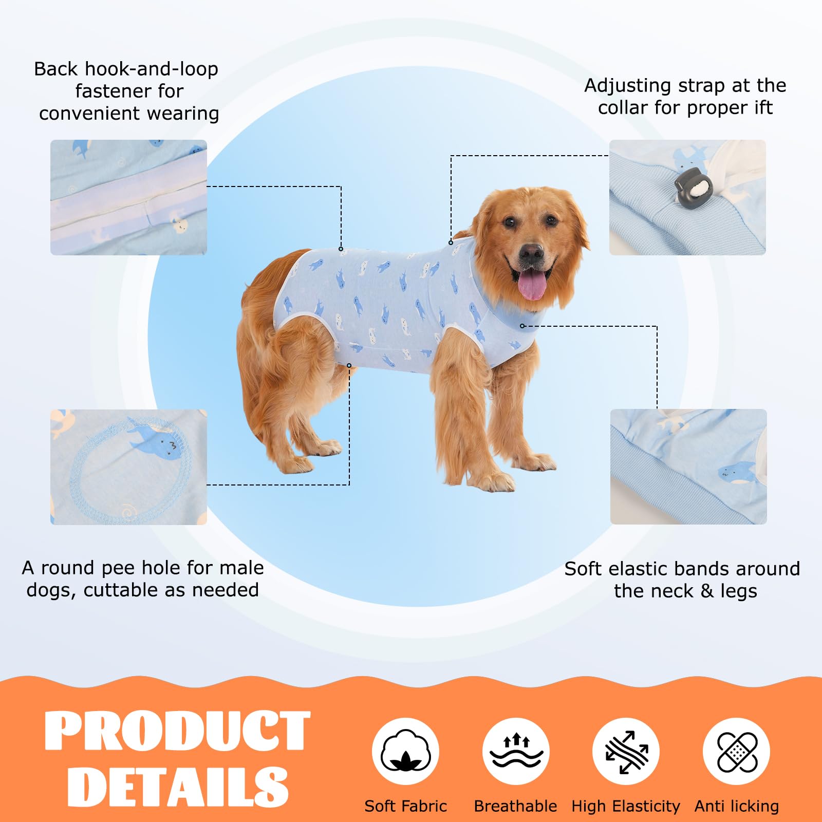 DoggieKit Dog Surgery Recovery Suit,Dogs Recovery Suits for Female and Male,Dog Surgical Suit,Surgical Vest for for Small Medium Large Dogs (Blue-whale - Image 2