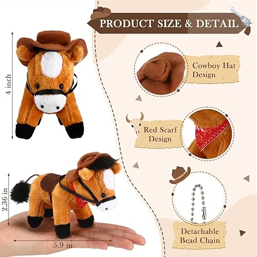 Miniatura 3 de Paquete de 9 animales de peluche de 4 pulgadas, mini juguete de peluche de pie con sombrero de vaquero y bandana, cadena desmontable para temática