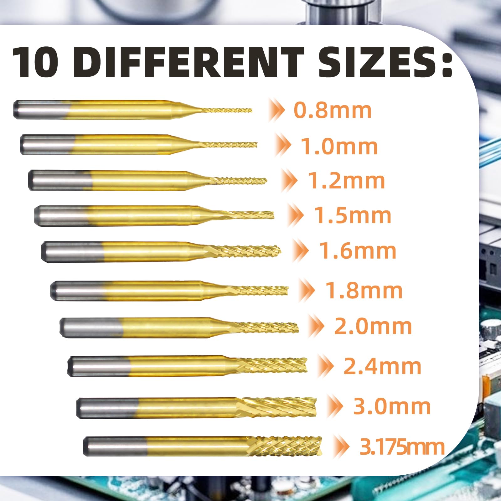 10 sztuk frezów trzpieniowych z twardego metalu, powlekane tytanem, frezy CNC, narzędzia do grawerowania, do drewna, aluminium, stali, tytanu (0,8 – 3,175 mm)