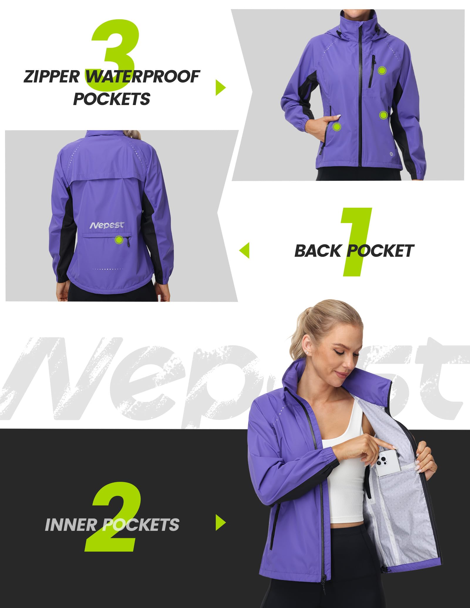 Nepest Veste de pluie de vélo pour femme - Veste de pluie pour femme - Ultra légère - Course à pied - 6 poches - UPF 50+ - Pliable - Respirant