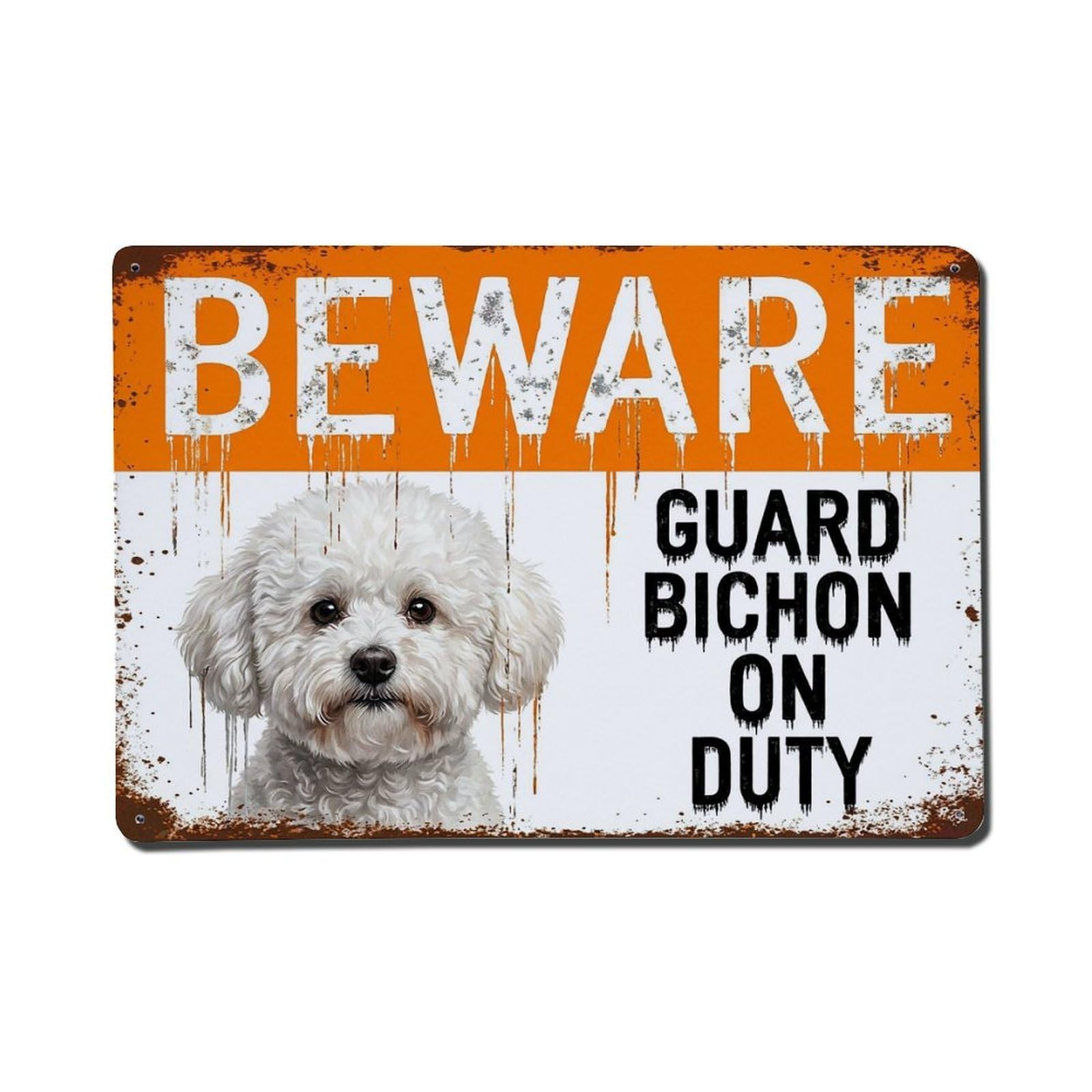 Vintage Funny Bichon Guard Beware of Dog Grounds Metal Tin Sign Plaque Wall Decor for Cafe, Club Bar, Office, Garden Metal Poster 8x12Inch