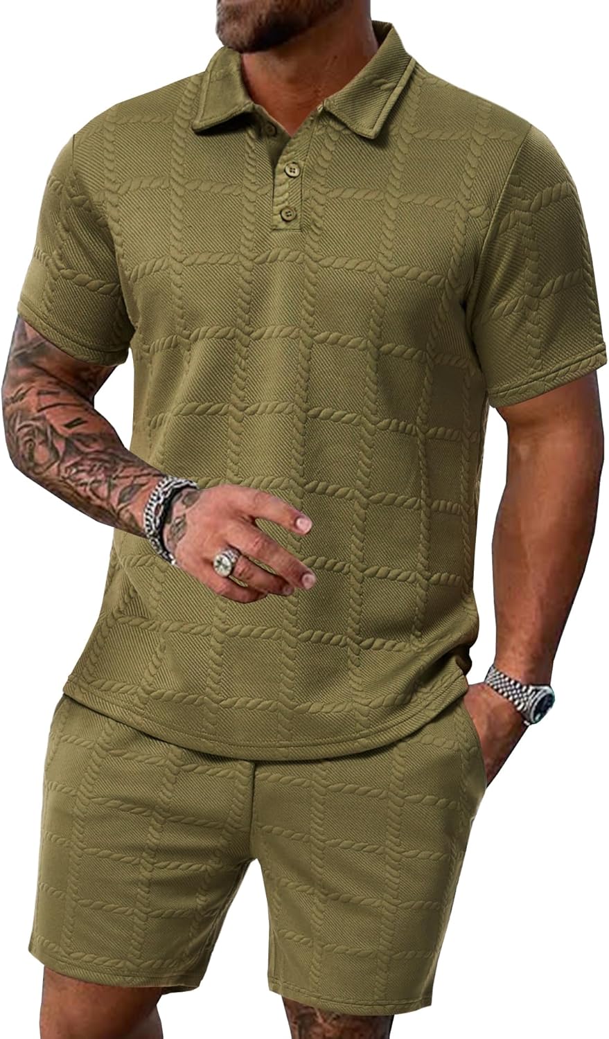 Men’s Polo Shirt and Shorts Set Summer Outfits Button Henley Polo and Drawstring Pants with Pockets S-2XL