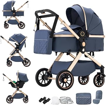 3 in 1 Baby Stroller Travel Systems Pushchair Aluminium Frame High Landscape Combined Strollers Lightweight Folding Stroller for Height Compact Stroller U9-X/Blue, U9-X