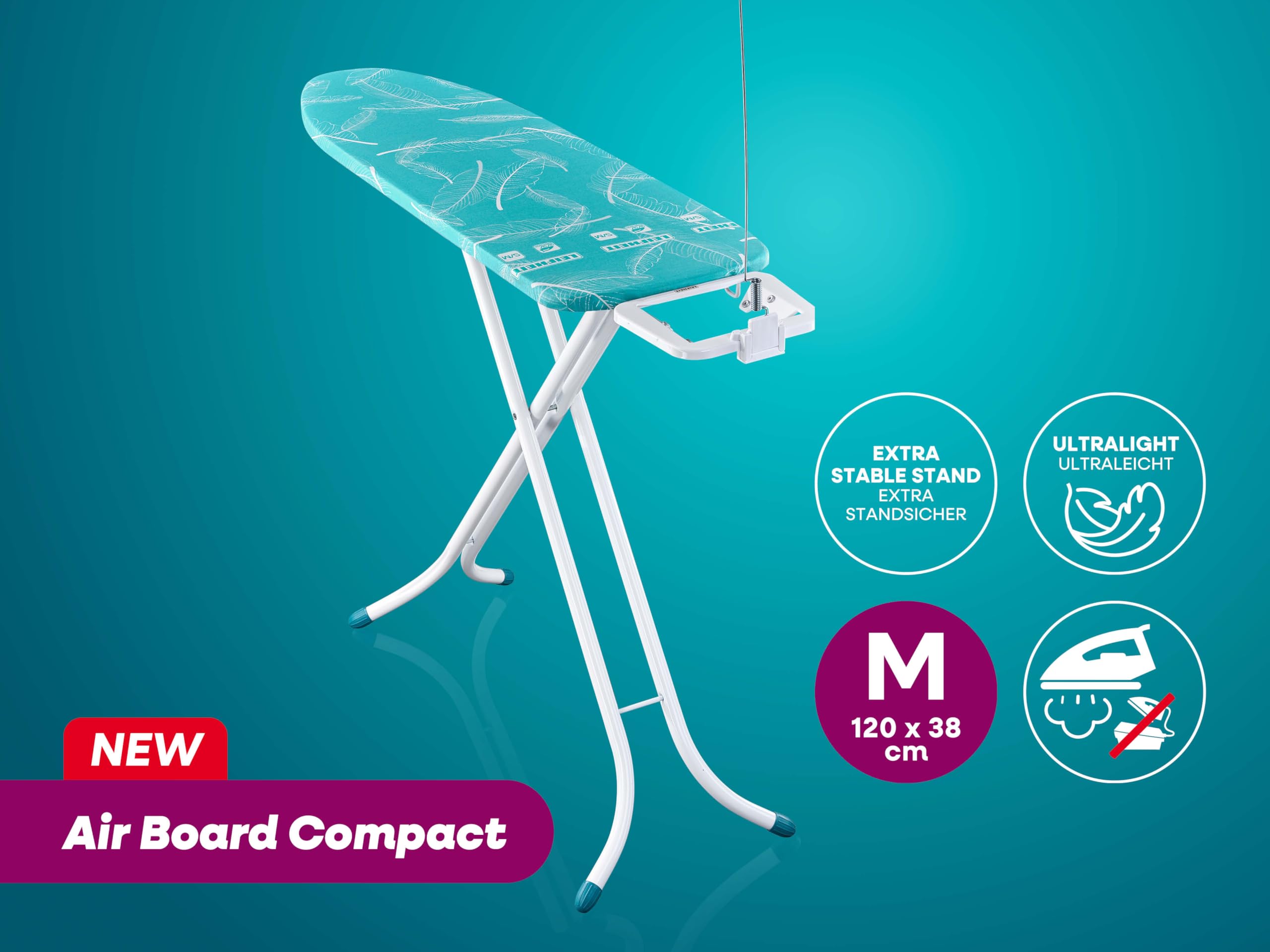 Leifheit Tabla de Planchar Air Board M Compact, Thermo-Reflect | Superficie 120 x 38 cm, altura regulable 78-98 cm, ultraligera, plegable, soporte para plancha y cable integrado