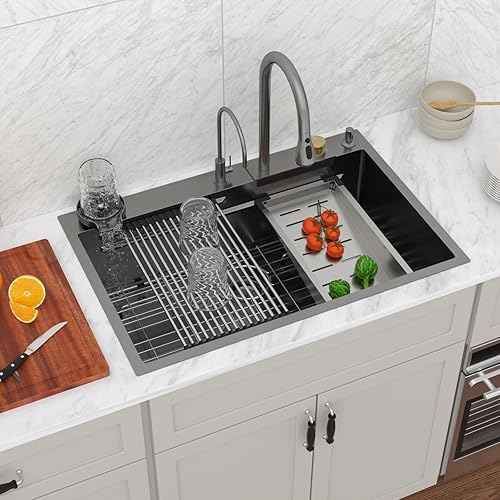 Vista 185 de Logmey Fregadero de cocina negro de 33 x 22 pulgadas, estación de trabajo SUS304, calibre 16, acero inoxidable, cuenco individual, montaje superior