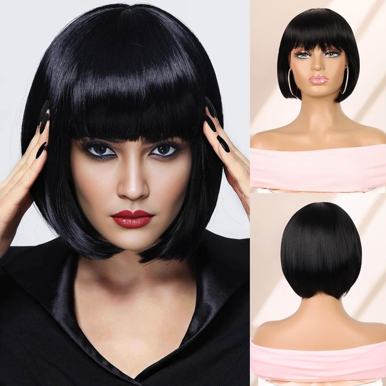 Creamily Black Short Bob Wig,Straight Black Bob Wig with bangs