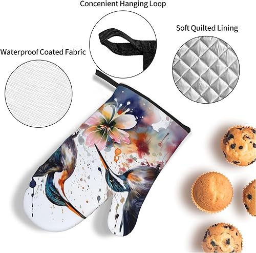 Miniatura 3 de Juego de guantes de horno y soportes para ollas con estampado de acuarela, 4 unidades, guantes de horno de cocina resistentes al calor y