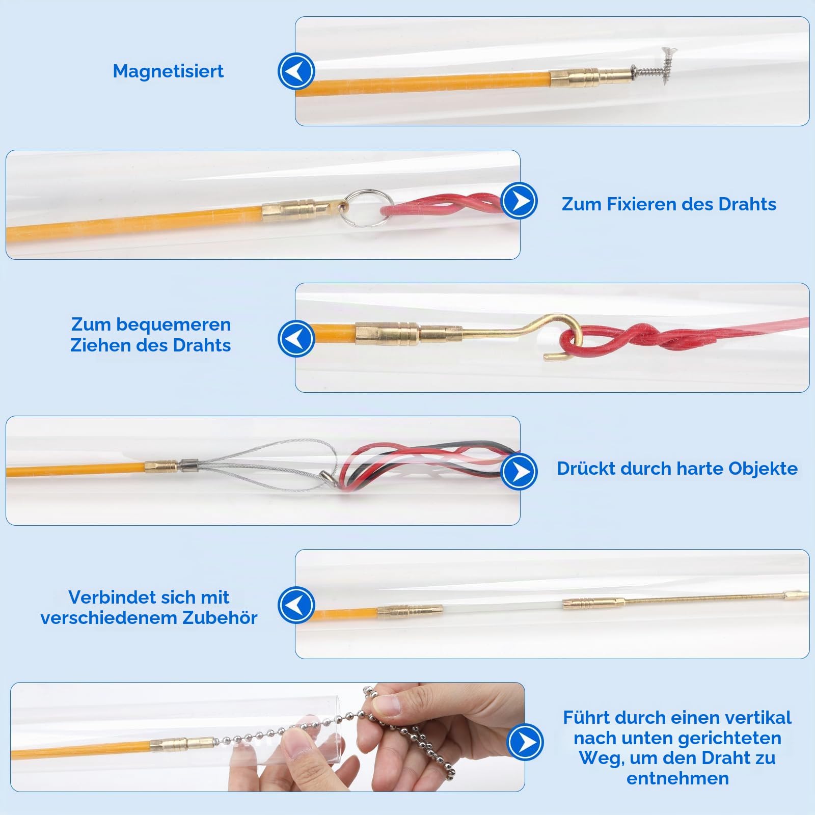 EFUTURETIME 10 x Einziehhilfe Kabel Fiberglas 1m Kabeleinziehstangen