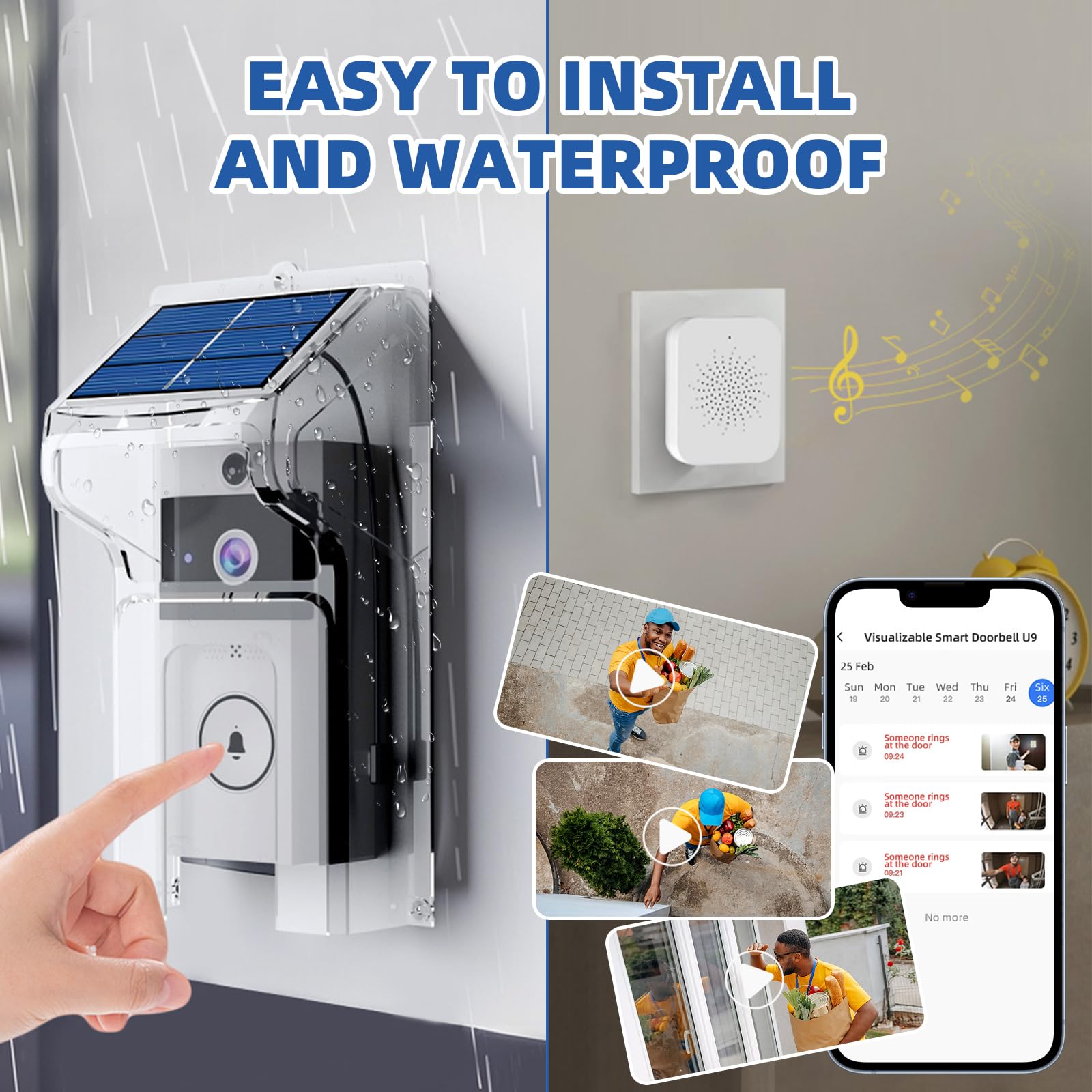 OBEST Timbre de puerta con cámara, inalámbrico, timbre con cámara, ultra largo, en espera, puede con aplicación y energía solar recargable, impermeable y persiana, se adapta a todo tipo de condiciones