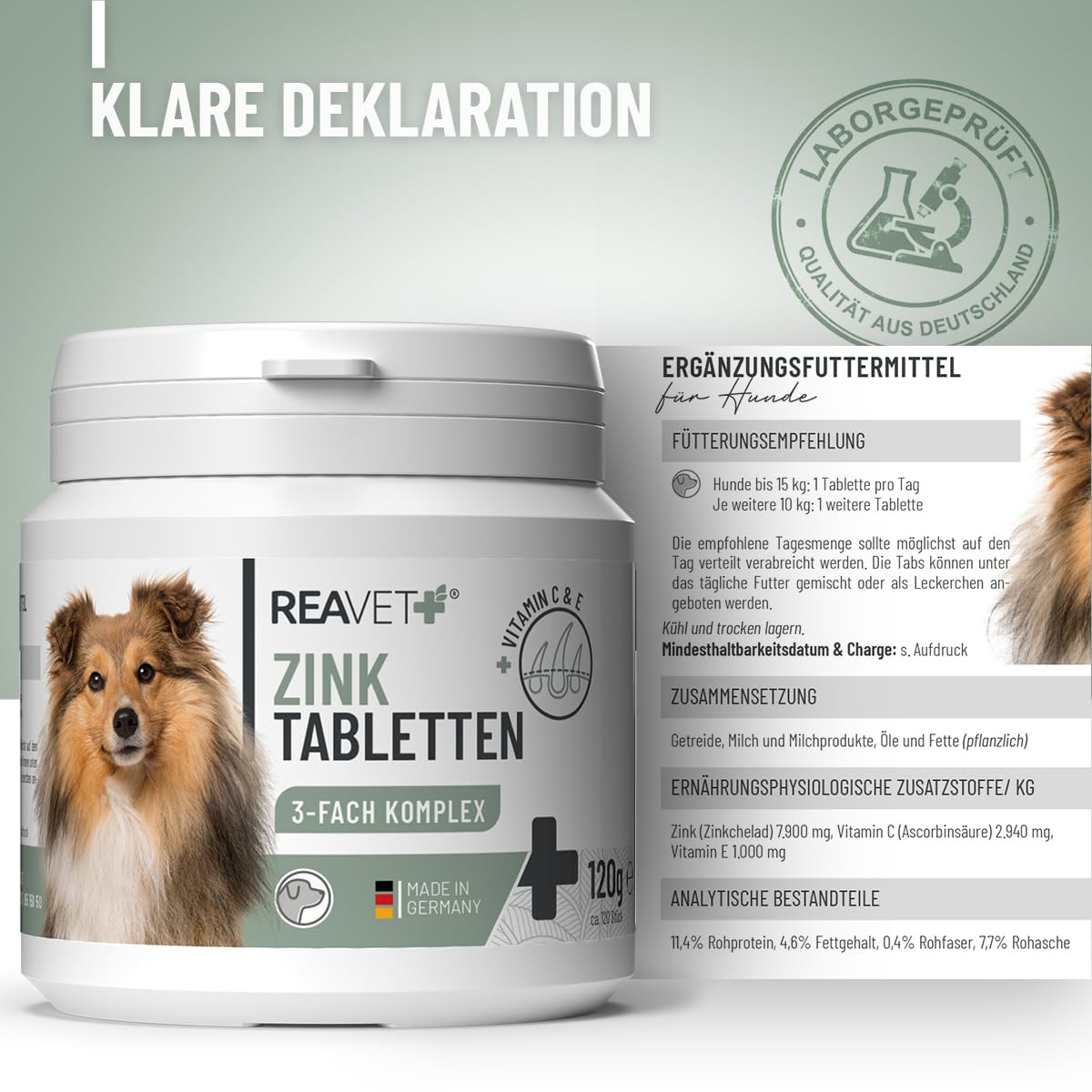 Comprimés de Zinc ReaVET pour Chiens 120 pièces - Haute Dose de vitamines C et E - comprimés de Zinc Plus vitamines pour Peau sèche, Perte de Poils