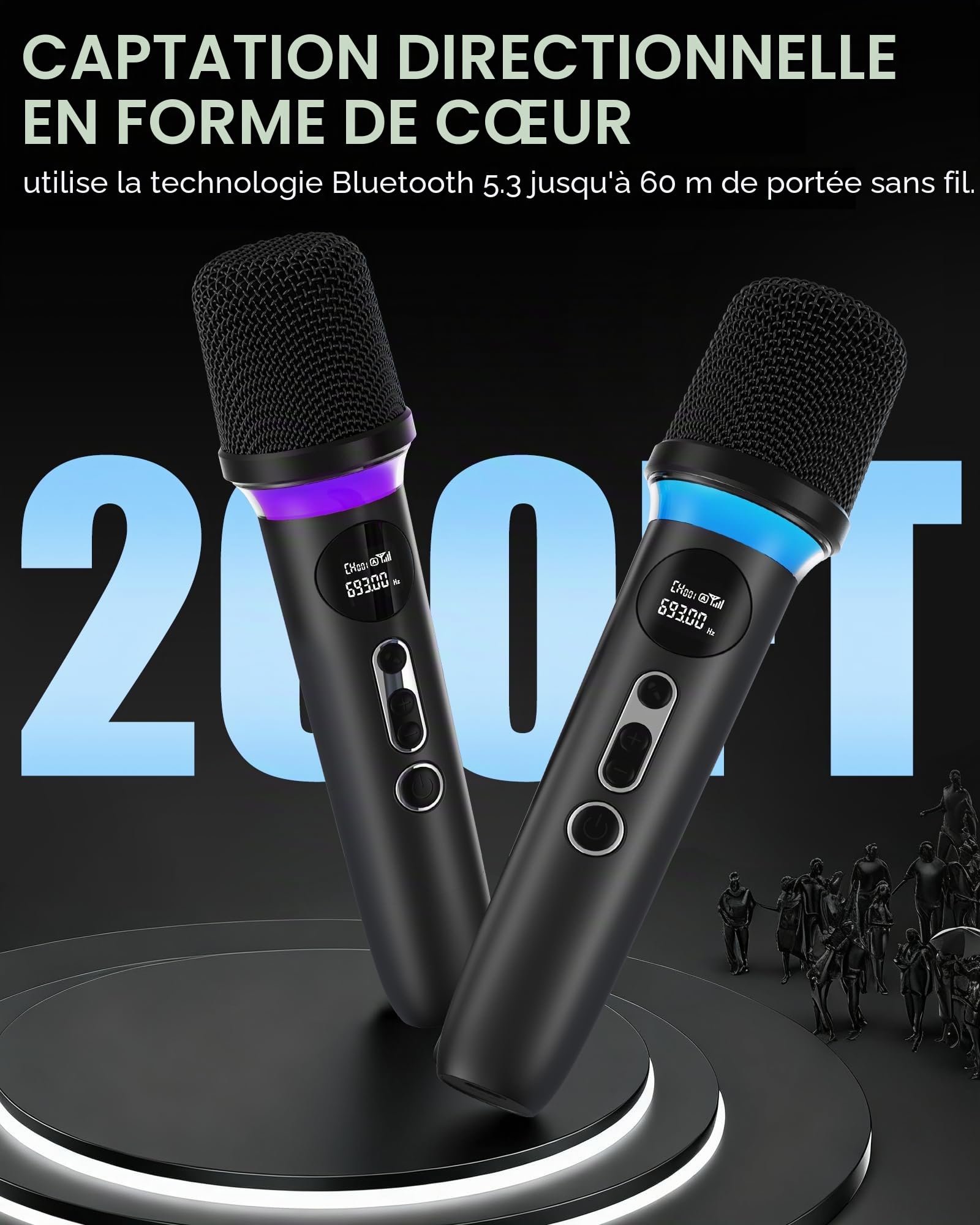 Microphone sans fil, système à double microphone avec fonction de, mise en sourdine par simple pression, éclairage RVB dynamique. 40h d'autonomie, portée de 200FT. pour les DJ, les mariages le chant .