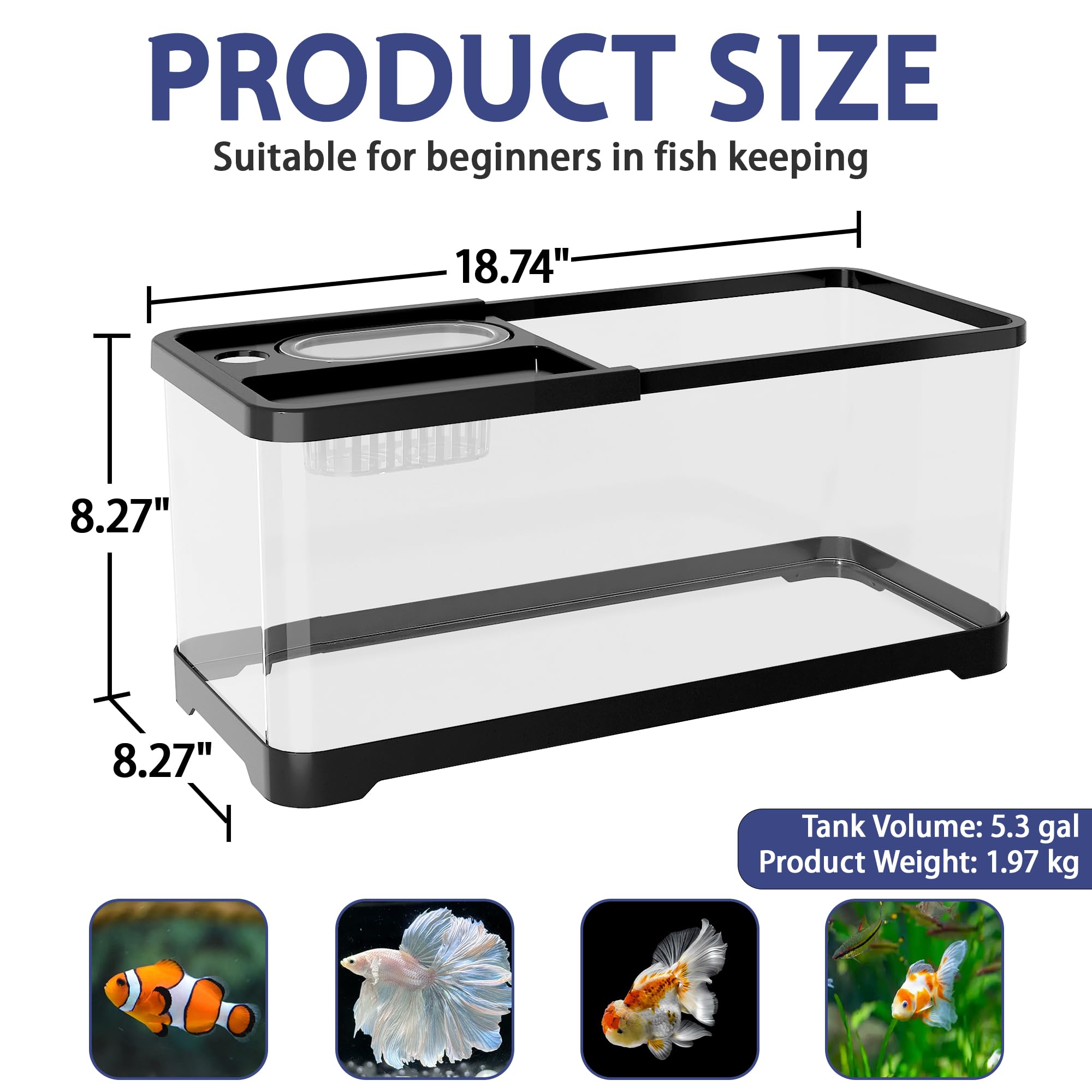 Tanque de peces de 5.3 galones, tanque de peces Betta 9 en 1, acuario con luz LED de espectro completo de 3 colores, filtro de 3 modos, cesta hidropónica, red de pesca, conchas, planta acuática
