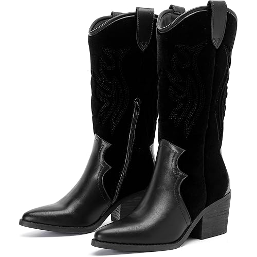 Boots for Women Mid Calf Flat Casual Round Toe Fashion Calf High Boot Buckle Dressy Fall and Winter Low Heeled Knee-High Boots.