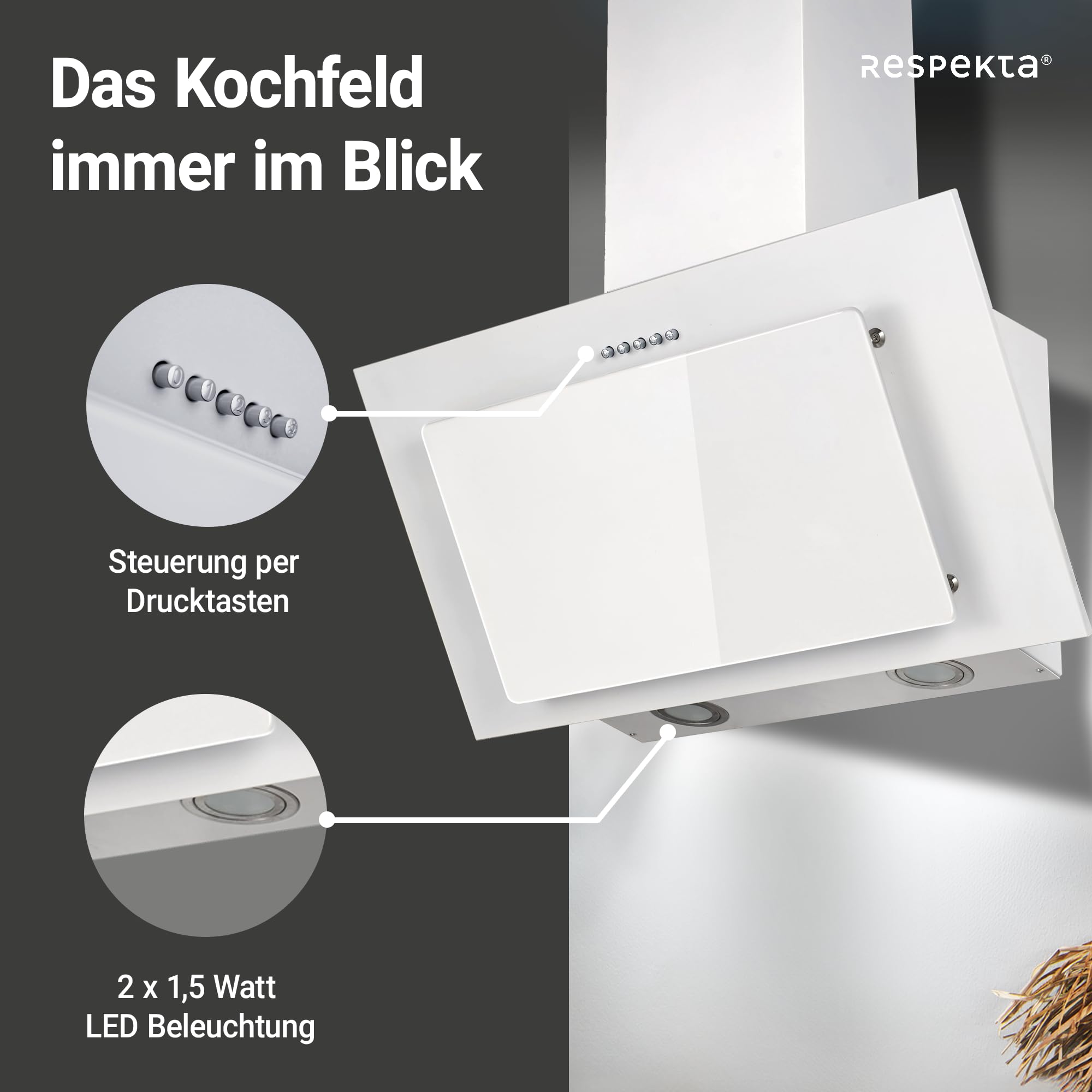 Respekta Dunstabzugshaube kopffrei 60 cm Metallgehäuse Glasschirm Weiß Abluft Umluft CH33060WB 51-63,5 dB