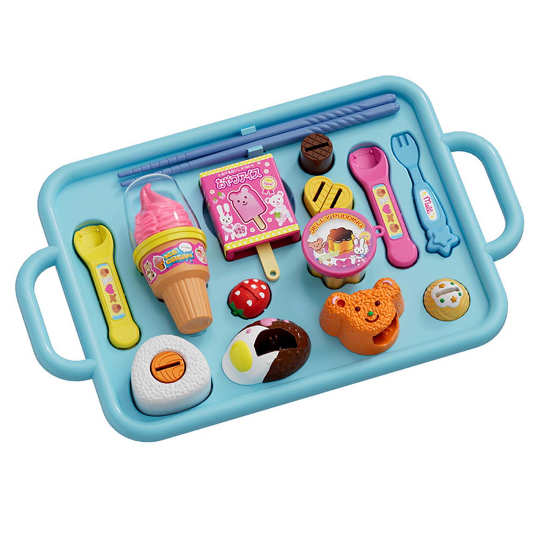 Jouet à pudding 1 ensemble de jouet à pudding japonais avec cuillère, fourchette, baguettes, crème glacée, glace et assiette, accessoires de cuisine pour garçons et filles, bleu, nourriture jeu