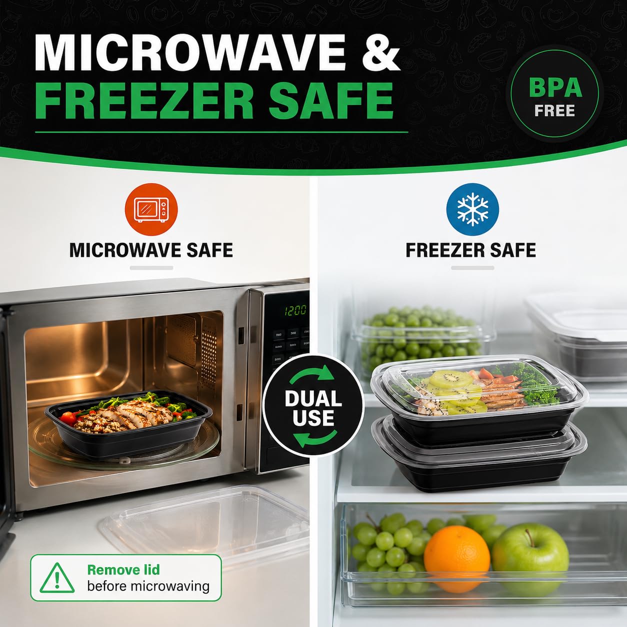WUHUIXOZ Contenitori per la preparazione dei pasti, confezione da 50 contenitori per alimenti da 907,2 g, con coperchio, usa e getta, riutilizzabili, in plastica, senza BPA, adatti per microonde