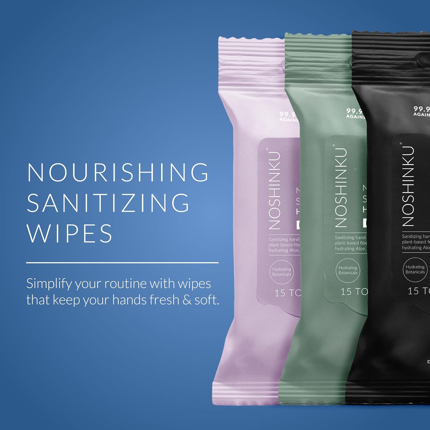 Noshinku Discovery Hand Sanitizer Wipes, 3-Pack (45 Towelettes) – Resealable Travel Wipes with Ethyl Alcohol, Aloe & Green Tea, Plant-Based Fiber, Essential Oil Scents, Cruelty-Free & No Dyes - Image 3