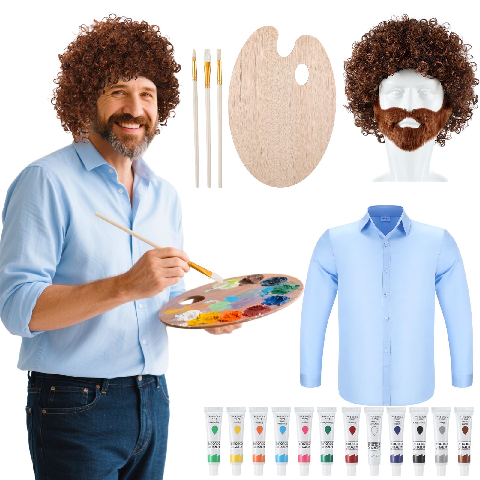Leumoi 19 Pcs 80s Painter Costume Set Men Brown Afro Wig Beard and Painting Kit for Halloween Painting Artist Cosplay