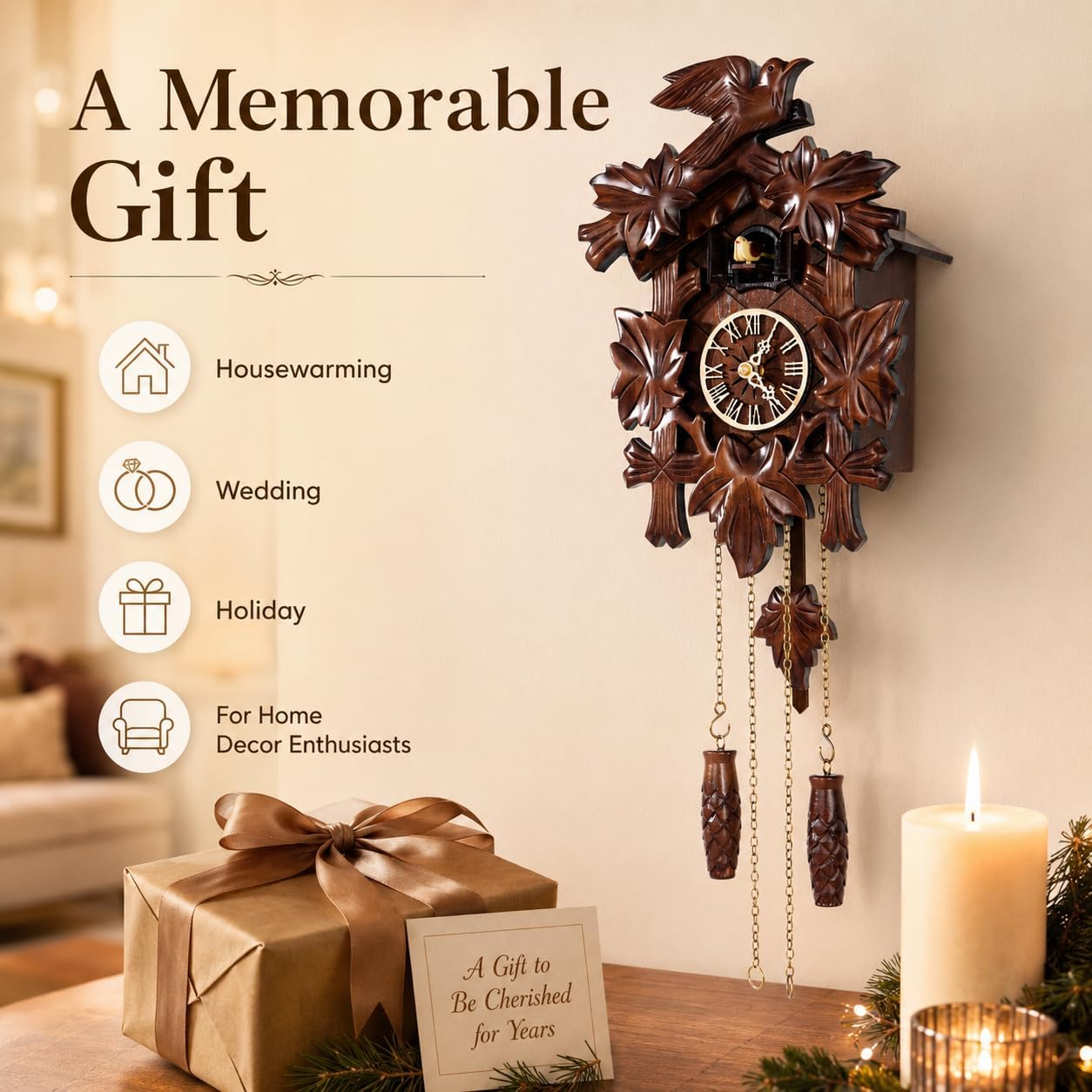 Cuckoo Clock, Black Forest Style Wooden Pendulum Quartz Wall Clock, Volume Control, Night Silent, Gift Package, Professional Service