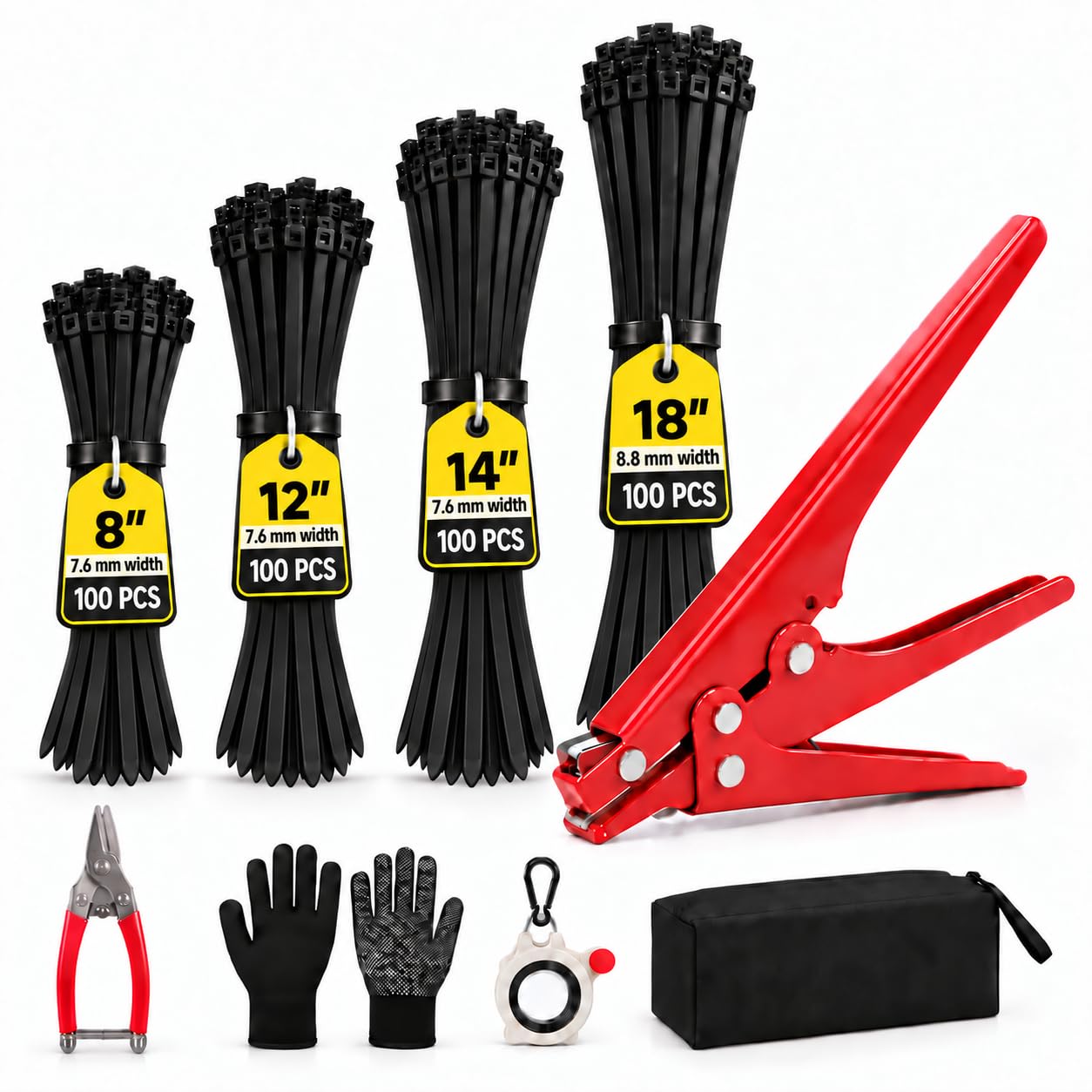 Kit per pistola per fascette fermacavi con 400 fascette nere con zip, 50,3/30,5/35,6/45,7 cm in nylon autobloccante e strumento regolabile per fascette con cerniera a filo, include forbici, guanti