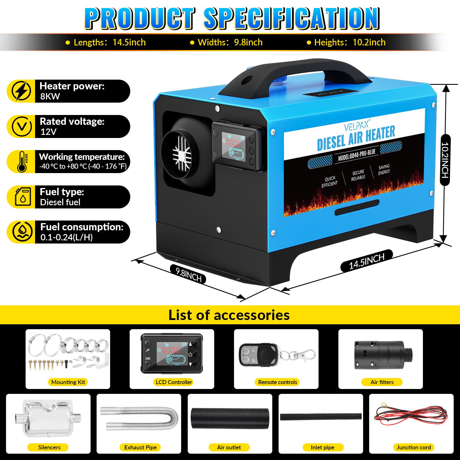 VELPAX Riscaldatore d'Aria Diesel all-in-One 8KW 12V riscaldatore d'Aria Diesel con silenziatore, LCD e Telecomando per Camper,Macchine,Camion,Barche,Autobus