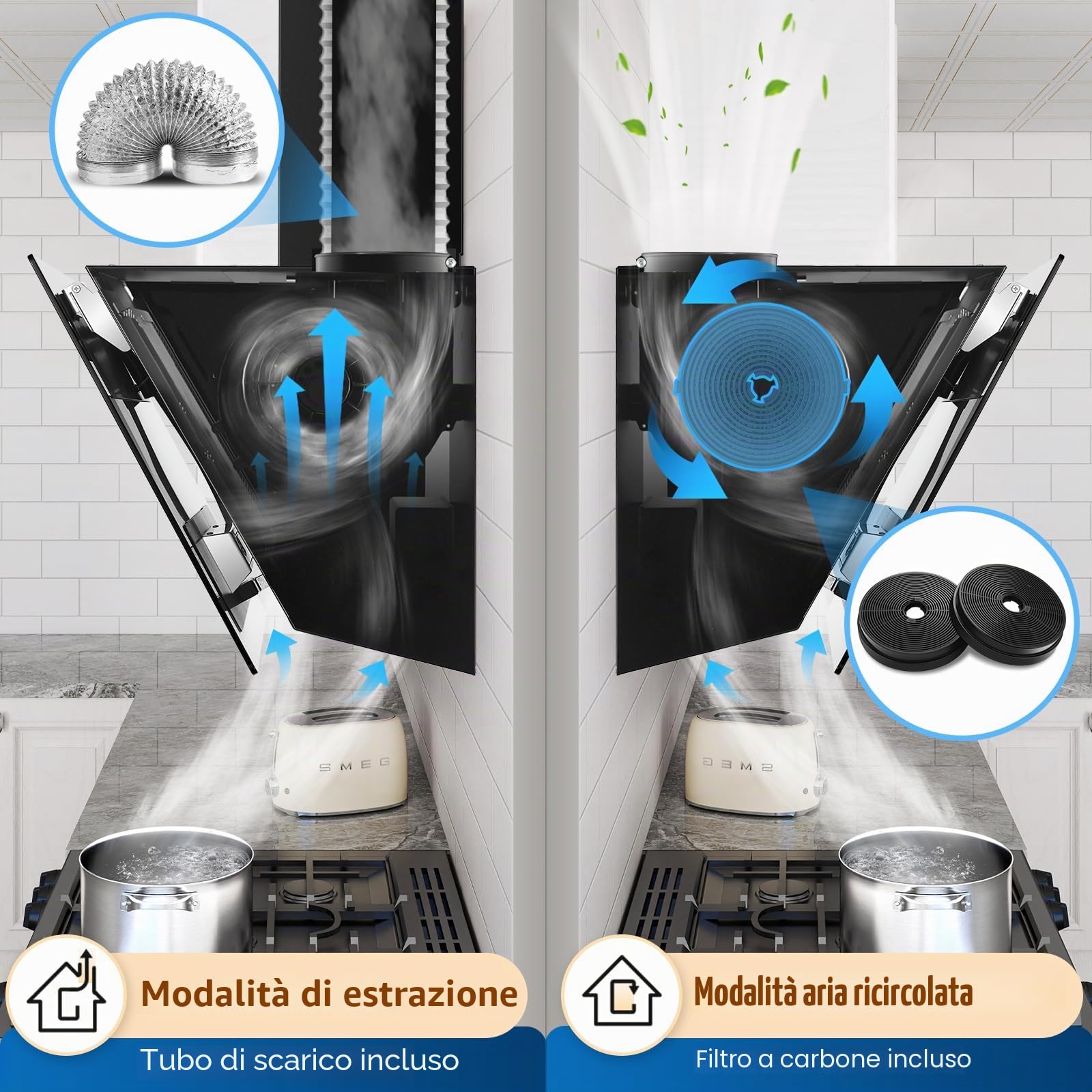 TopStrong Cappa aspirante 60 cm, 800 m³/h Cappa Cucina Inclinata 60cm con Filtro a Carboni, Classe A+++, Ricircolo & Canalizzazione, 3 Livelli di Regolazione + Booster, 65 dB, LED