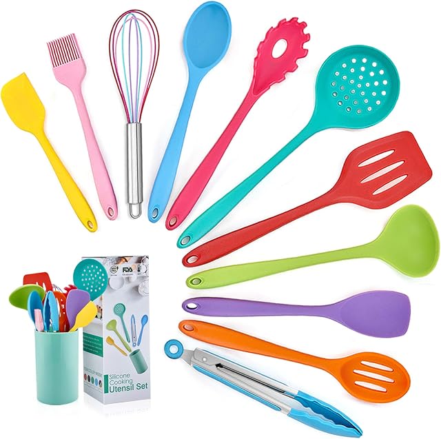 Kitchen Utensil Set, Homikit 12 Piece Cooking Utensils, Silicone Kitchen Utensils Set with Holder, Heat Resistant Kitchen Tools Include Spoons Turner Spatula Tong for Non-Stick Cookware, Multicolor