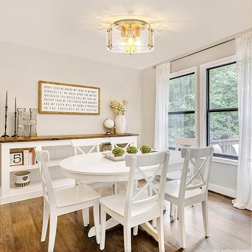 Miniatura 7 de TOULMJ Lámpara de techo semiempotrada, lámpara de techo dorada de 3 luces con pantalla de vidrio transparente, accesorio de iluminación Morden para