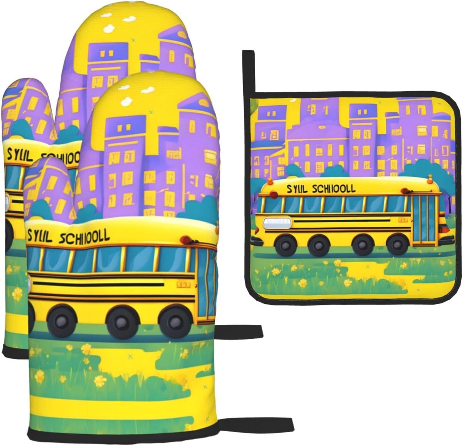 School Bus Print Heat Resistant Microwave Gloves, Used for Baking, Cooking, and Fashion Kitchen Essentials