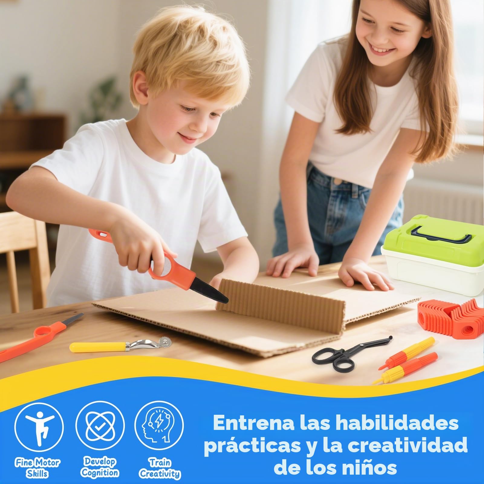 Wdmiya Kit Herramientas Construcción Cartón para Niños 148 Piezas | Juego de Herramientas Reutilizables con Cortador 148 Piezas, Rodillo y Tijeras, Juguetes Educativos para Niños y Niñas