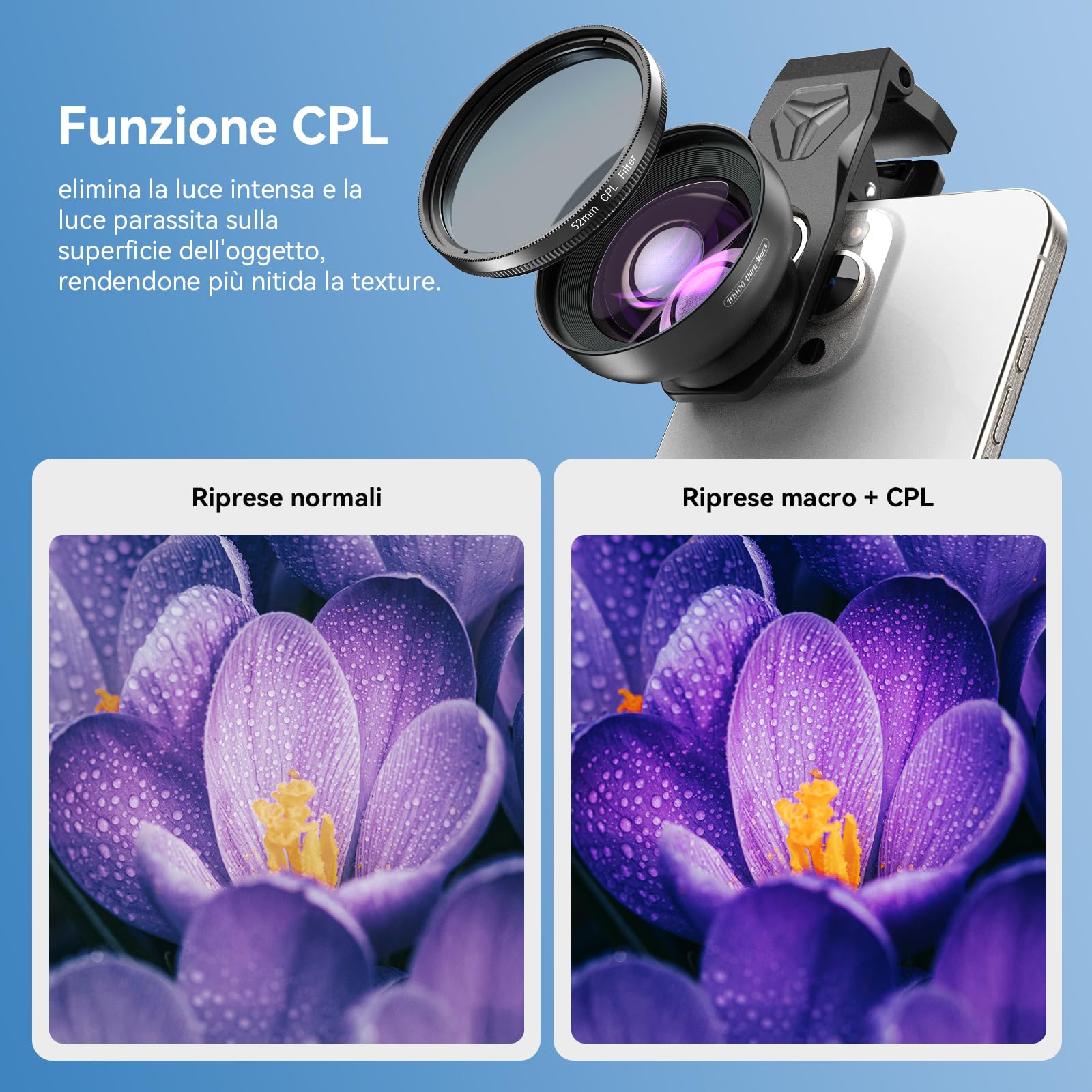 APEXEL HB100 Ultra Lente Macro HD per Cellulare con Filtro CPL e Starlight da 52 mm, Apertura F1.05 e Rivestimento AF, Obiettivo Macro per Smartphone Adatto per iPhone, Samsung e altri Smartphone