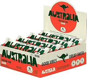 Australia Protein Slim Cacau, Barra de Proteína com 8g de Proteína, Sem Adição de Açúcares, Sem Glúten, Display com 12 unidades