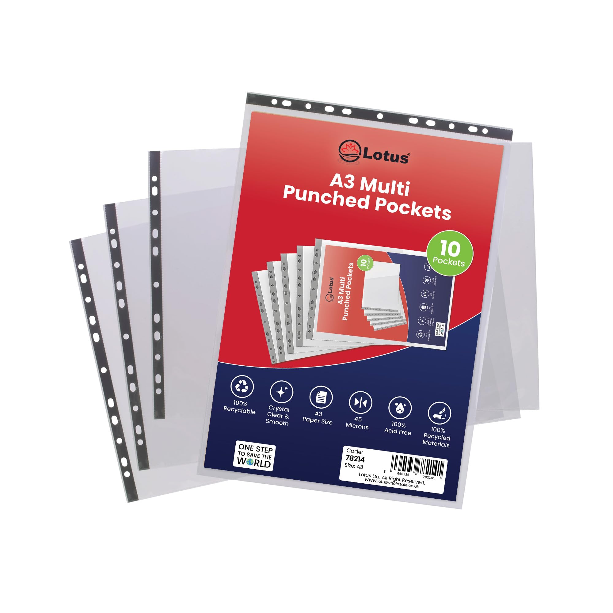 Lotus Premium A3 Landscape Punched Pockets-Ultra Strong 90 Micron Transparent Poly Wallets, Glass Clear Sheet Protectors with Reinforced Edges, Ideal for Archiving & Presentation - 78214(Pack of 100)