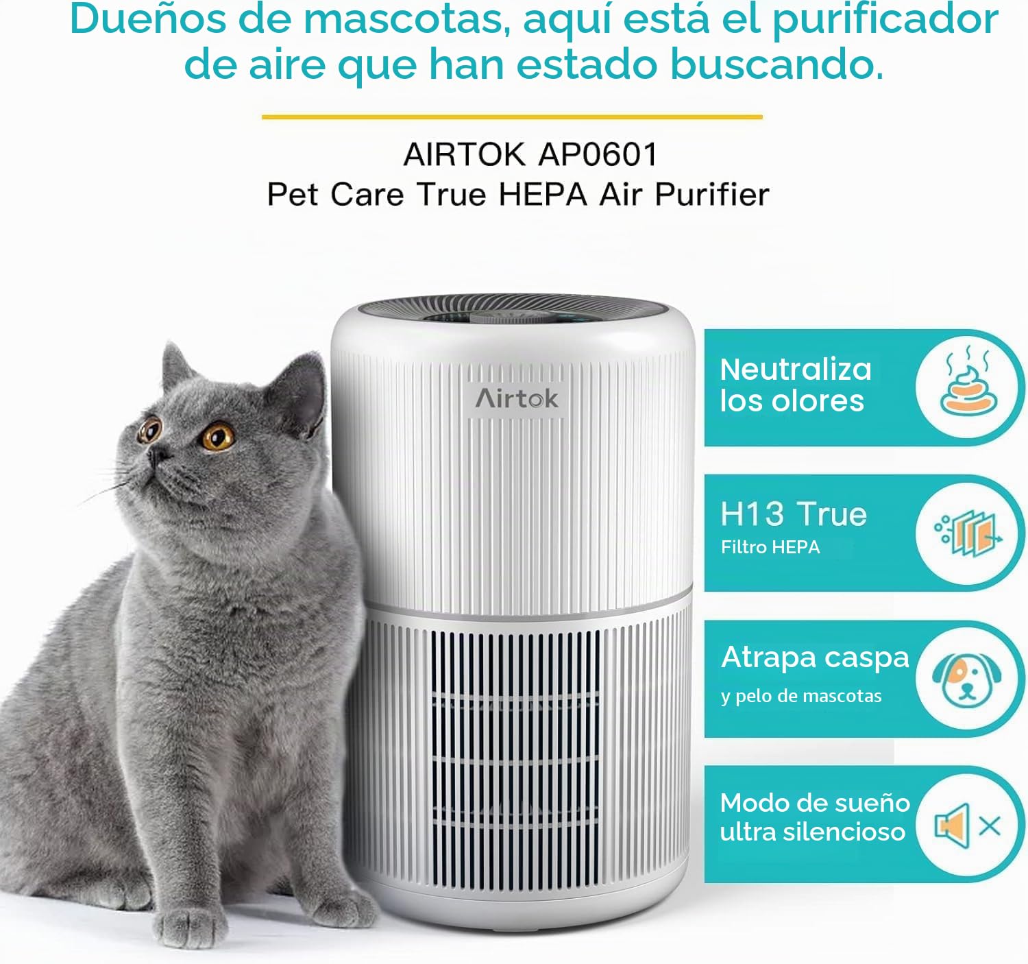 AIRTOK Purificador de Aire, Purificador de Aire Con Esponja de Fragancia, Filtro HEPA Para Alergias, Humo, Caspa De Mascotas y Olores, con Luz nocturna, temporizador, bloqueo para niños, 25dB