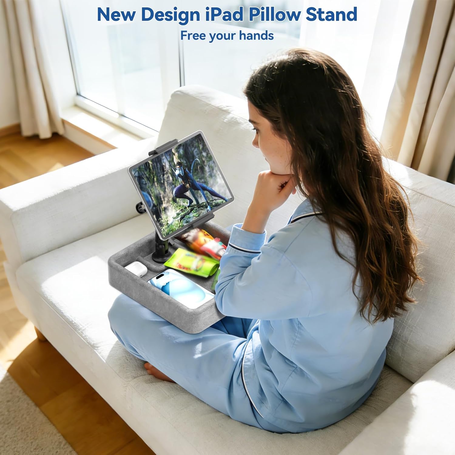 KDD Tablet Pillow Holder - Multi-Angle Adjustable iPad Stand for Lap, Bed and Desk - Foldable Kindle Soft Pad Dock with Storage Tray Compatible with iPad Pro 12.9, Air Mini, Phone, E-Reader