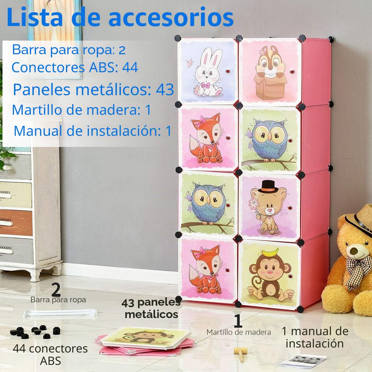 BRIAN & DANY Armario Modular Infantil Animales Puertas Estanterías Almacenaje Rosa 110 x 47 x 147 cm