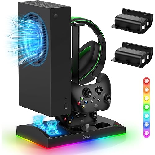 Upgraded RGB Cooling Fan Charging Station for Xbox Series S Console& Controller,Dual Charger Dock Cooler System Stand with 15 Colorful Light Modes Accessories with 2*1400mAH Rechargeable Battery,Black