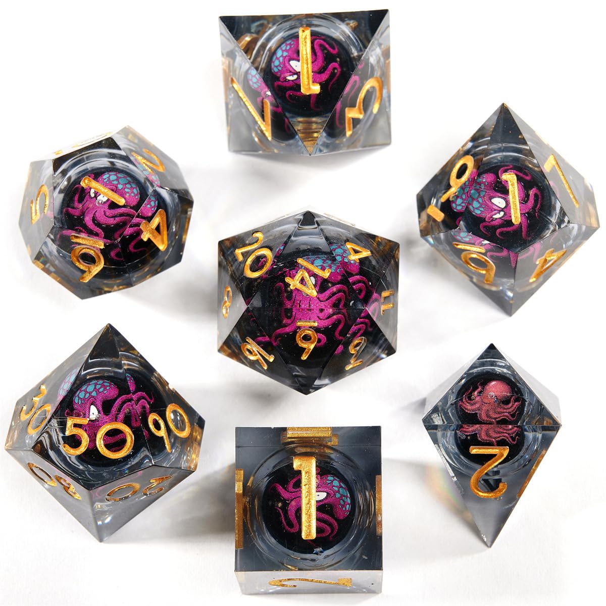 ORUZA 7 PCS S Dragon Eye DND Dice Liquid Core D&D Dice Resin Sharp Edge Polyhedral Octopus Dice Set for Dungeons and Dragons Role Playing Die D20 D12 D10 D8 D6 D4 D%