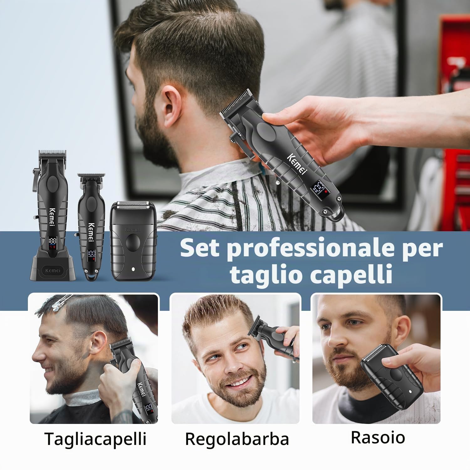 KEMEI Tagliacapelli professionale da uomo, senza fili, elettrico, lame a T, kit da rasoio, ricaricabile tramite USB, con 9 pettini di guida