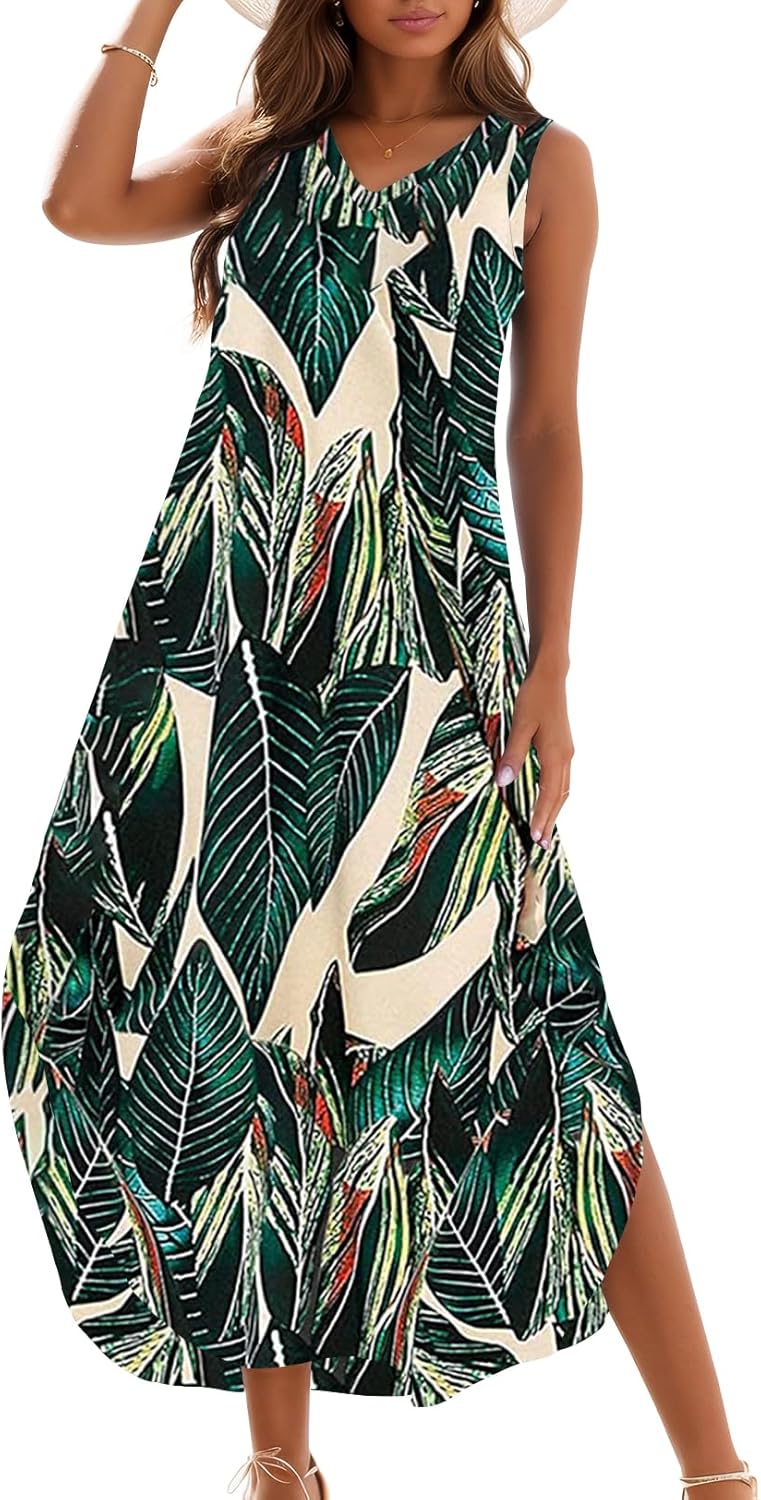 Zilcremo Women's Summer Casual Loose Sundress Long Dress Sleeveless V Neck Split Tshirt Maxi Dresses Large Tropicalleaf