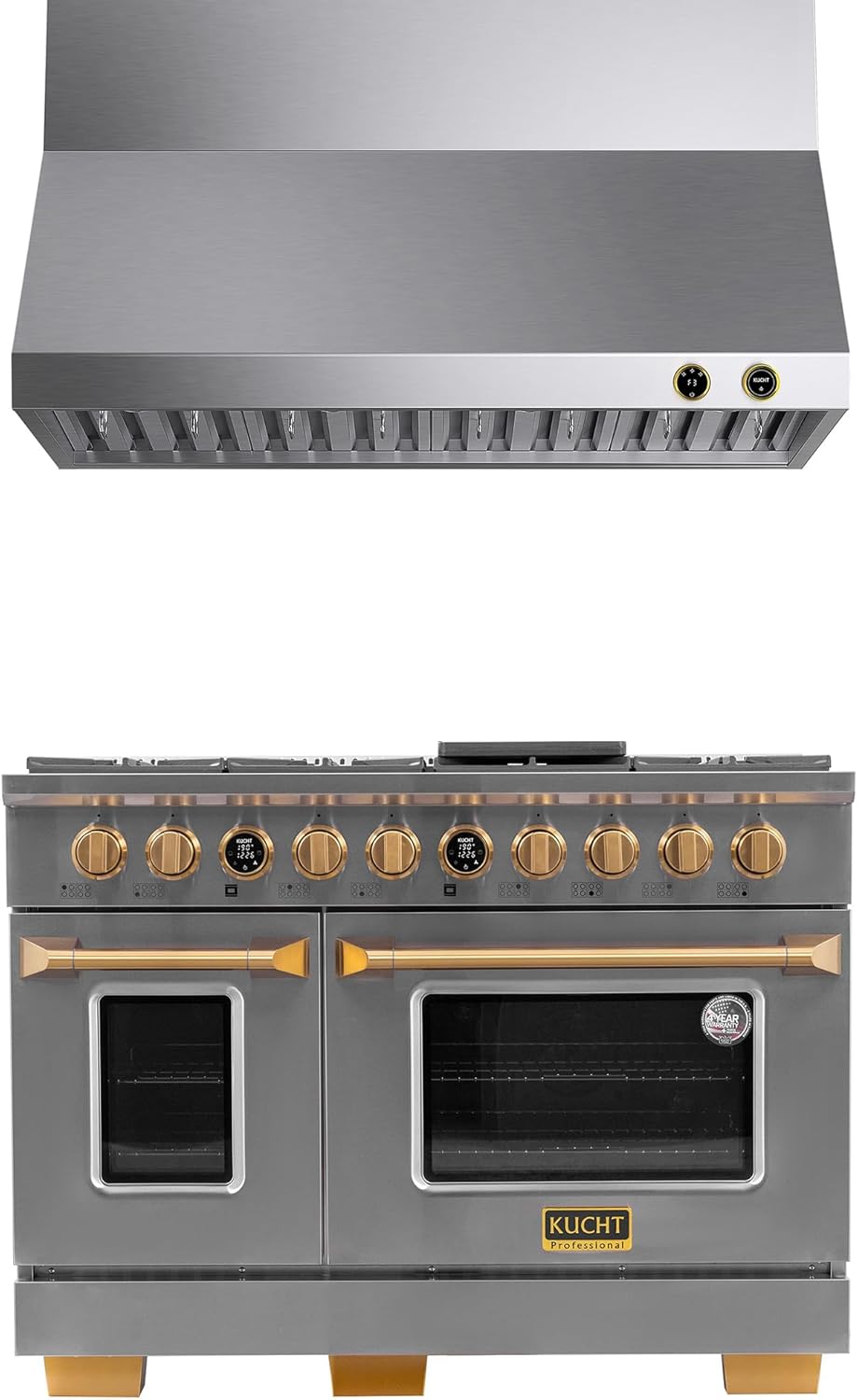 48 in. 6.7 cu. ft. 8-Burner Double Oven Dual Fuel Range Propane Gas in Stainless Steel & Gold Plus Wall Mount Range Hood